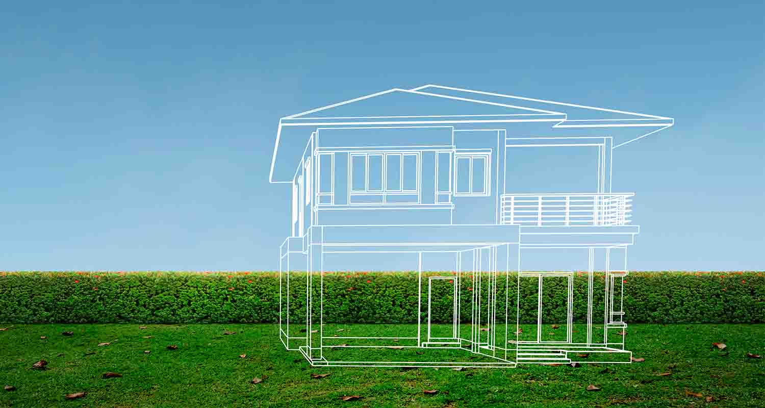 Imagen transparente de una casa sobre un campo con una linea de puntos unida como si estuviera sonriendo 