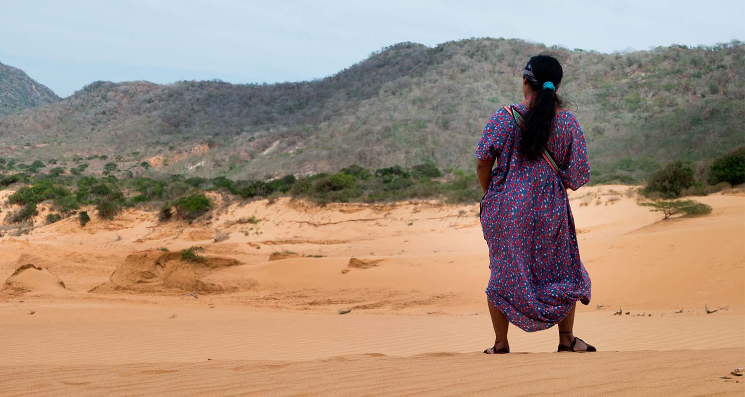 Una mujer de espaldas camina en el desierto